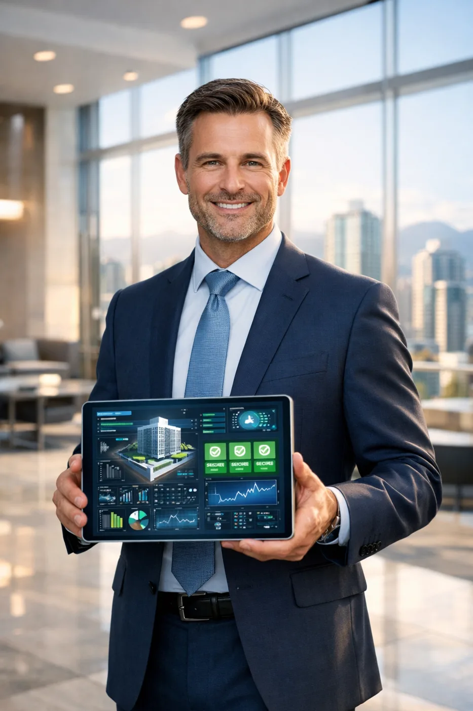 Property manager using a high-rise water leak detection system dashboard to protect a modern building.