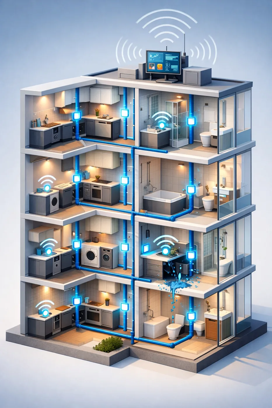 Multi-story apartment building showing remote water leak detection system with interconnected sensors
