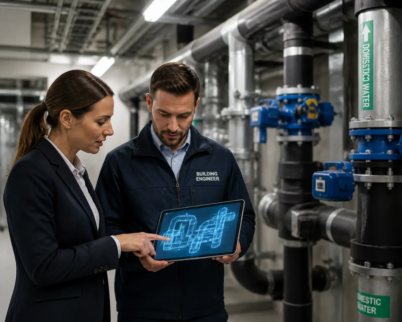 Building professionals inspecting high-rise plumbing and automatic shutoff valves for leak detection.