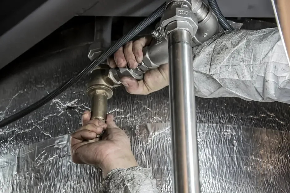 A person in a white coverall is working under a structure, using both hands to adjust a shiny metal pipe fitting that connects to another pipe, surrounded by insulation material.