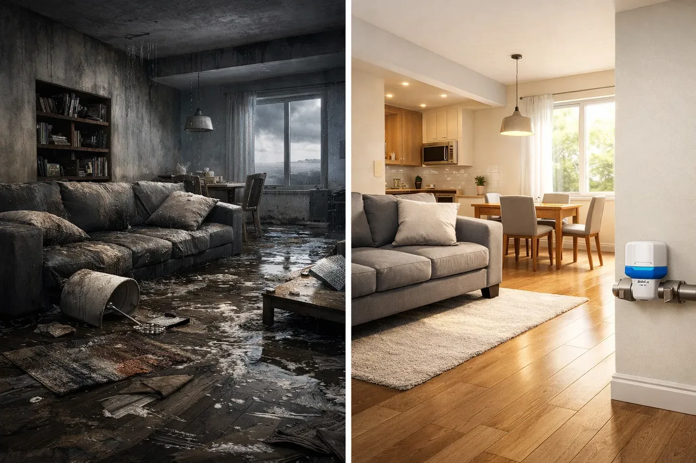 Before and after comparison showing flooded apartment versus dry protected unit with water shutoff system