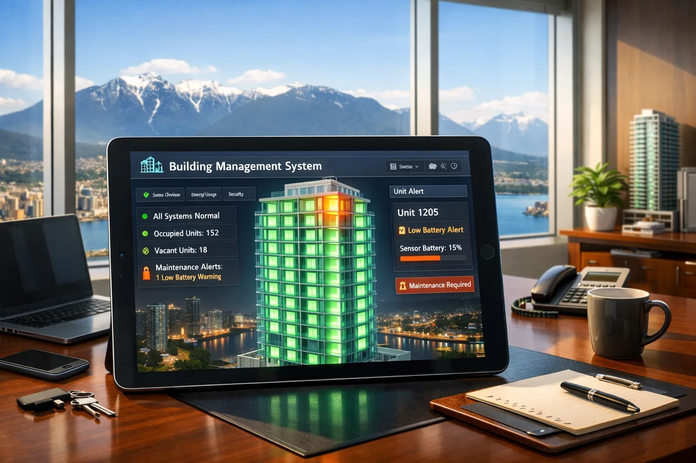 Commercial leak detection system dashboard showing real-time building monitoring for property managers.