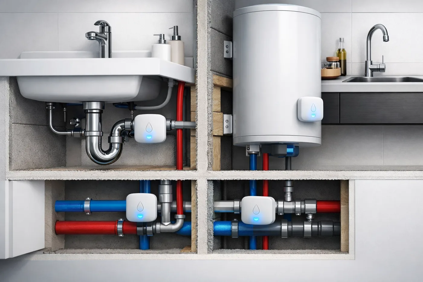 Smart water leak detector sensors installed under sink and near pipes in home plumbing system