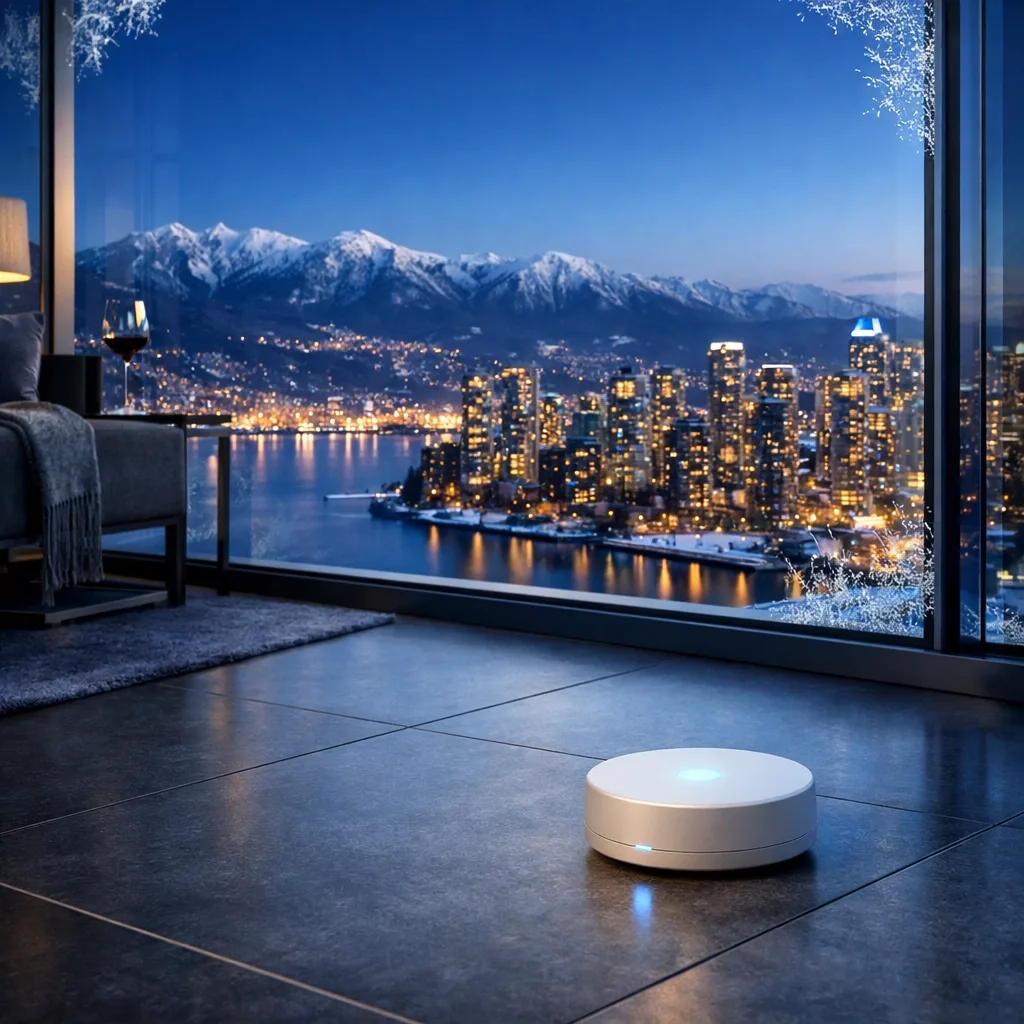 Smart freeze detection sensor in a Vancouver condo preventing pipe bursts to lower strata insurance premiums.