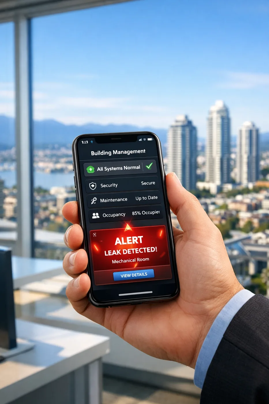 Property manager tracking condo water leak detection alerts via a remote monitoring smartphone app in Burnaby.