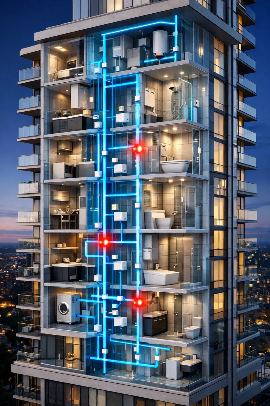 High rise building water infrastructure showing smart leak detection sensors across multiple floors