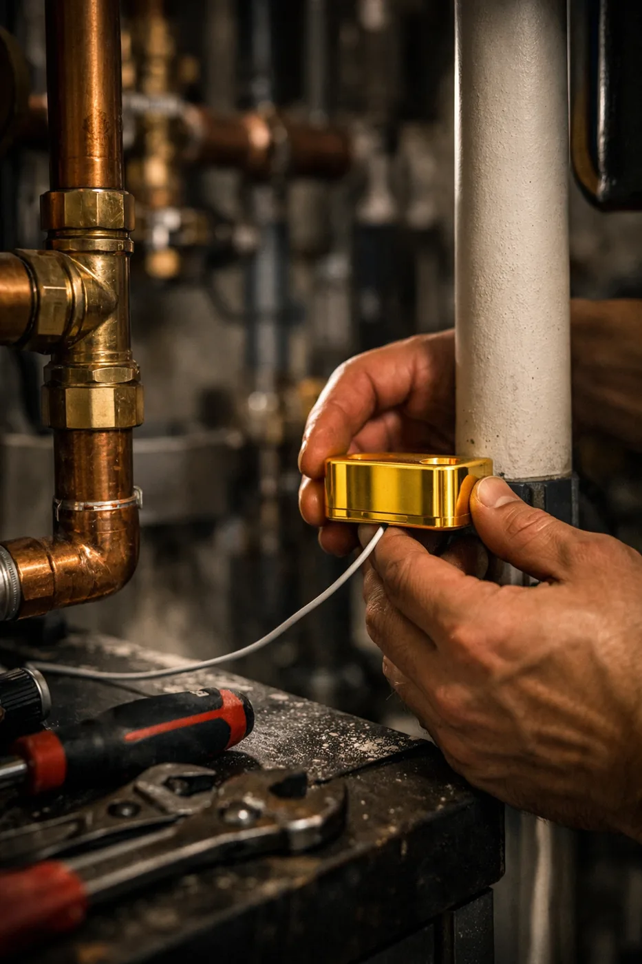 Professional technician installing gold-plated water leak sensor on copper pipes in mechanical room
