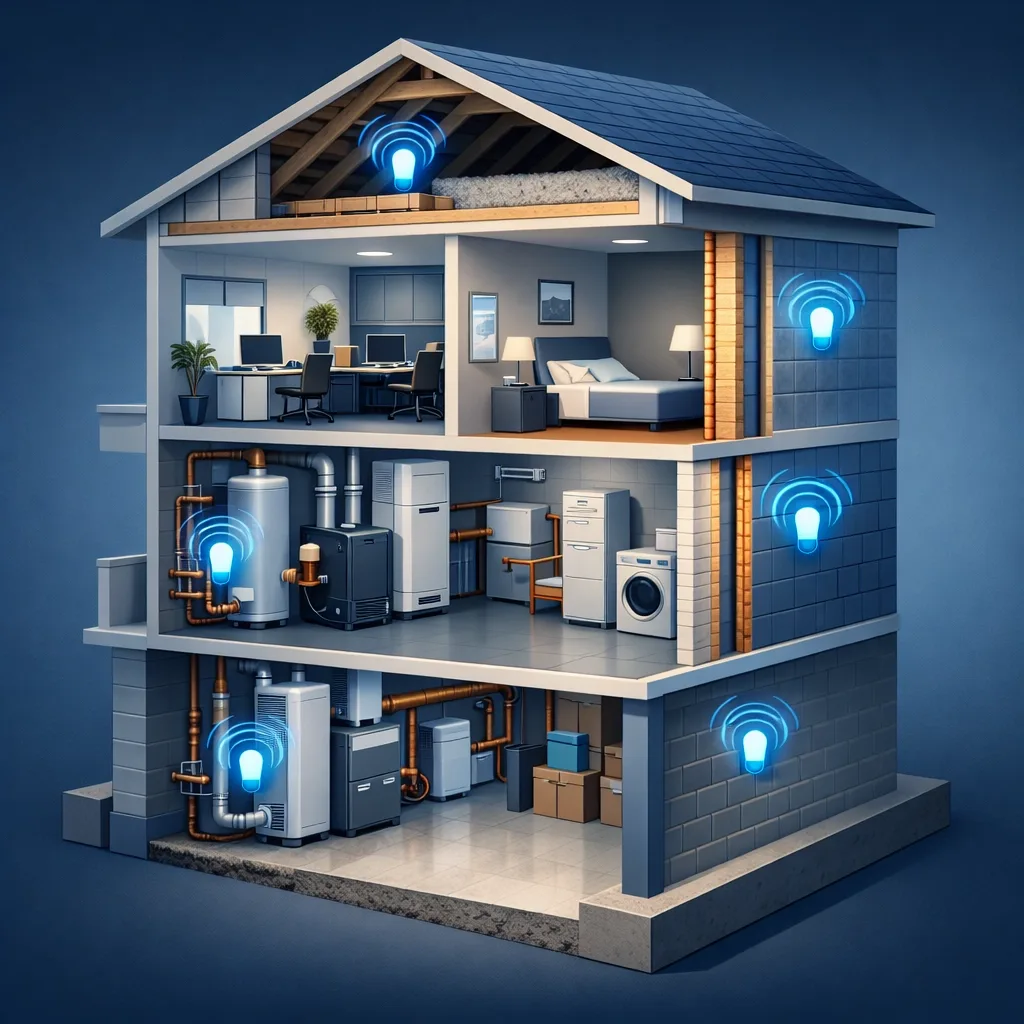 Multi-story building diagram showing strategic freeze alert sensor placement throughout property