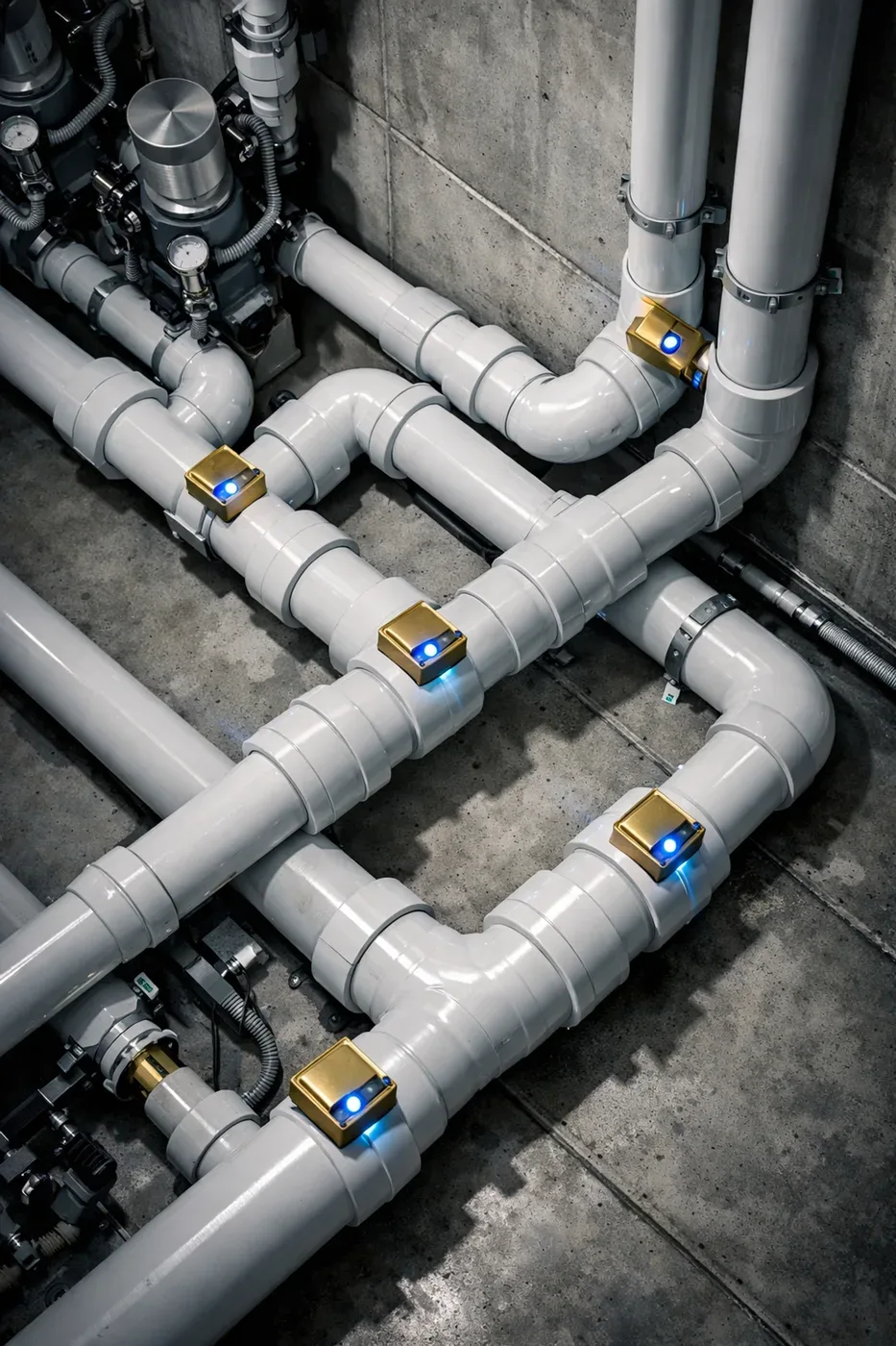 Commercial-grade water leak sensors installed in condo mechanical room monitoring pipes