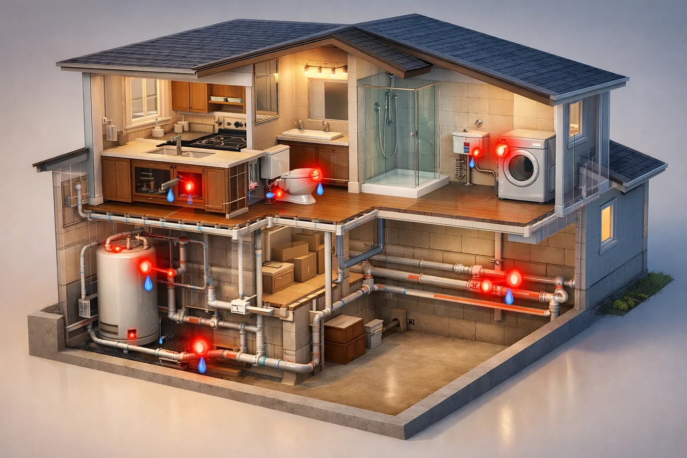 Common water leak points in Surrey home including sinks, toilets, hot water tank, and washing machine