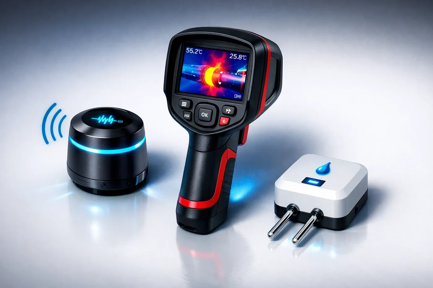 Three types of water leak detection sensors: acoustic, thermal imaging, and point sensor technology